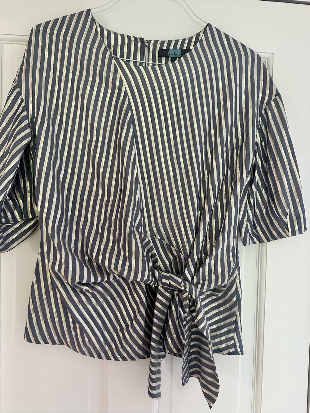Eva Franco striped Tie-Front Women’s Top gold,white,gray blue 20" p to p